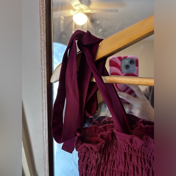 Burgundy Tie Shoulder Smocked Pleated Dress XS - Picture 3 of 5